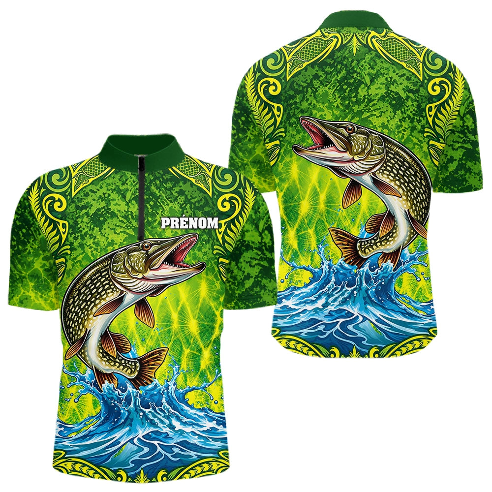 Maillot Pêche Brochet Vague Vert - Le Style Carnassiers - Polo Zippé Homme
