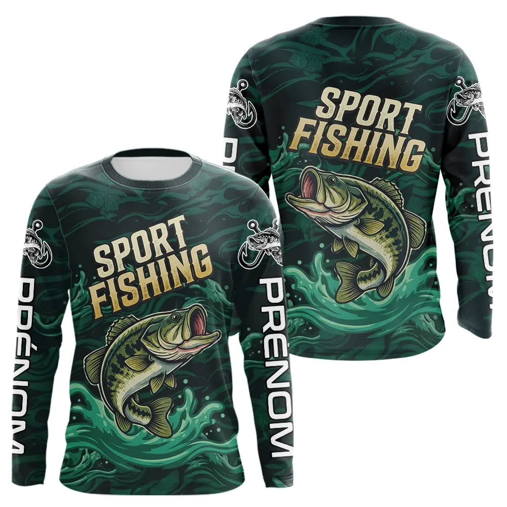 Maillot Pêche Sportive Vert Personnalisé Prénom - Sport Fishing - Long Sleeves Homme