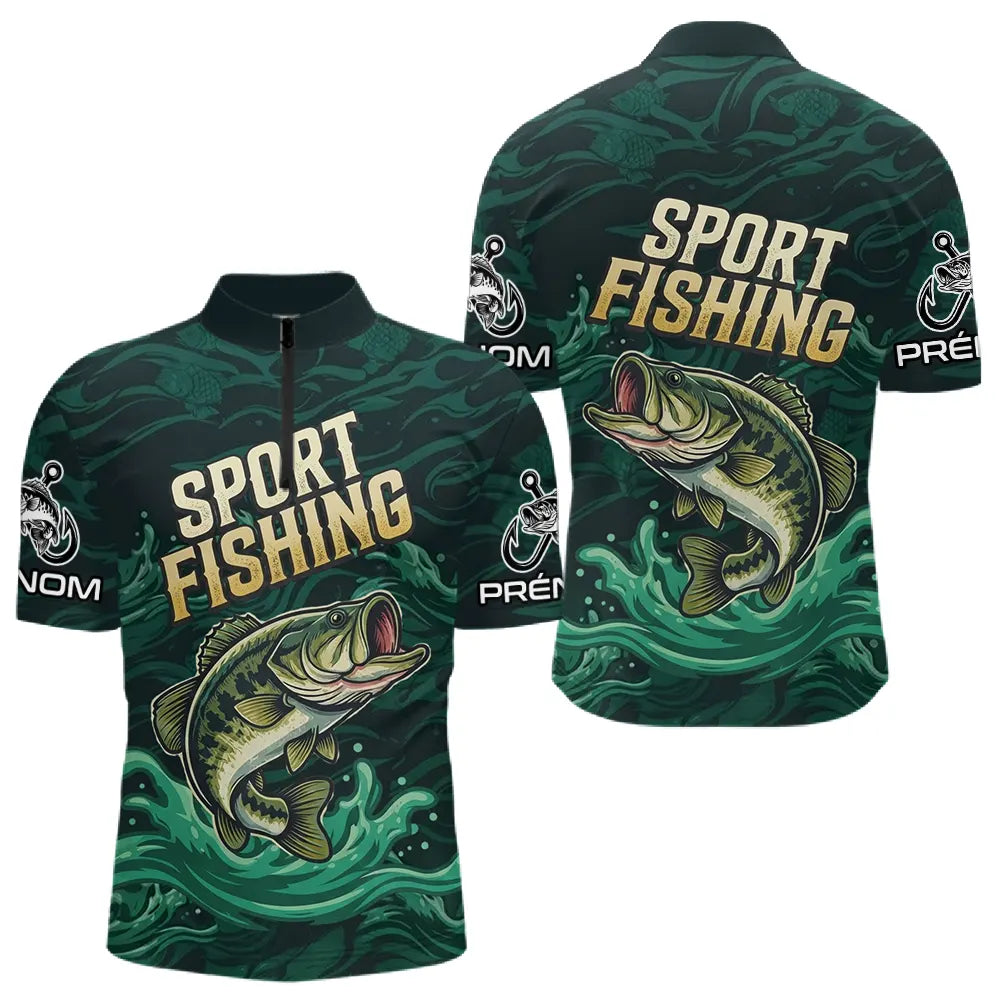 Maillot Pêche Sportive Vert Personnalisé Prénom - Sport Fishing - Polo Zippé Homme