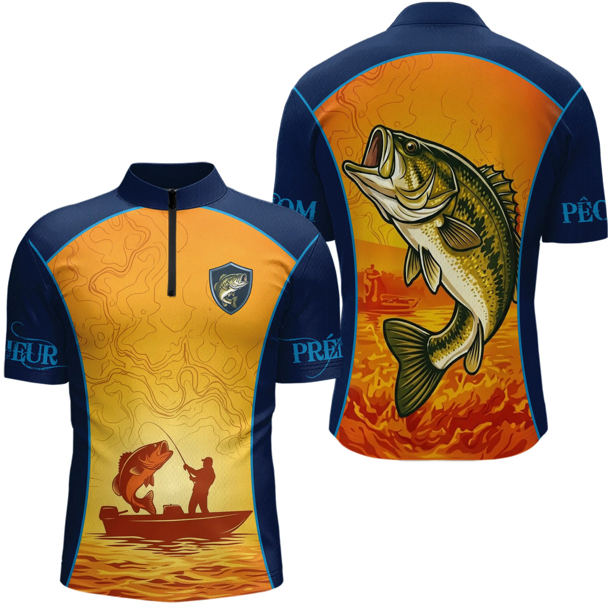 Maillot Pêche Technique & Personnalisé – Bass & Coucher de Soleil - Polo Zippé Homme
