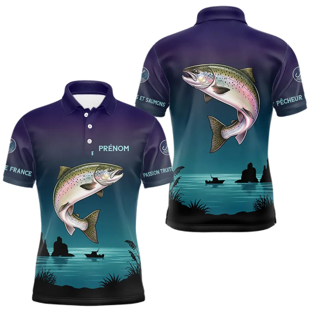 Maillot Pêche de France Truite Personnalisé - Bleu Et Noir - Polo Homme