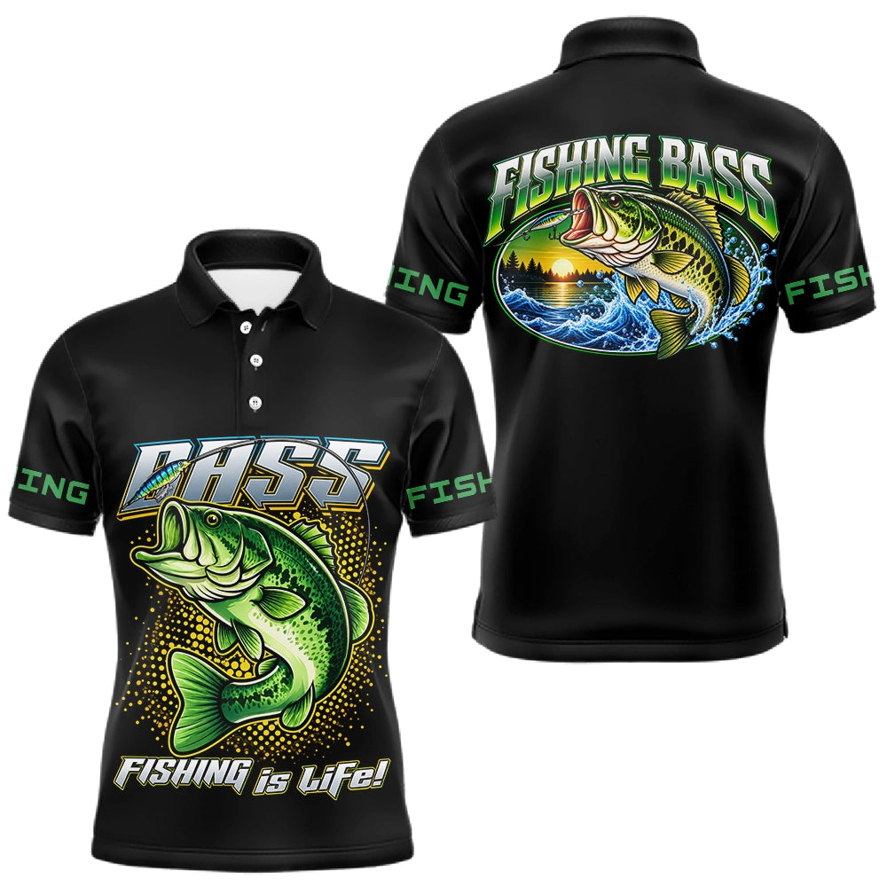 Maillot Pêcheur Black Bass - Noir Et Vert Personnalisé - Polo Homme