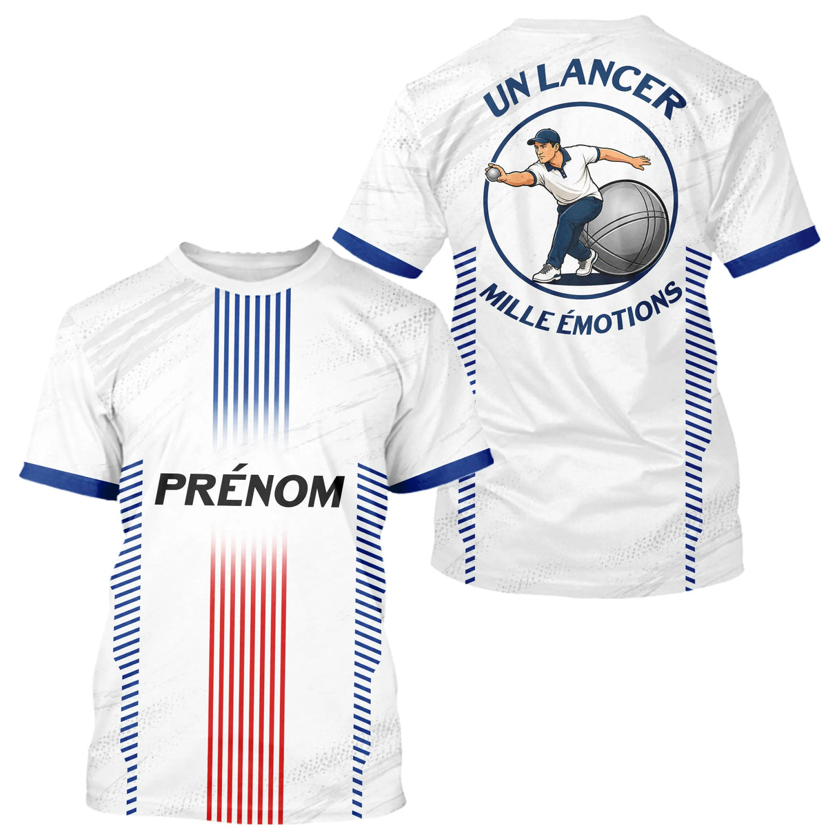 Maillot Pétanque Prénom Blanc - Joueur Club Tricolore - T-Shirt Homme