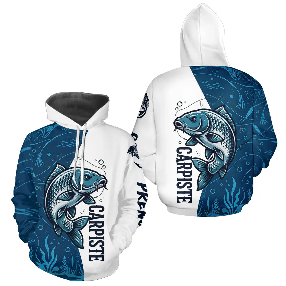 Maillot Passion Pêcheur Carpiste - Blanc & Bleu - Hoodie Homme