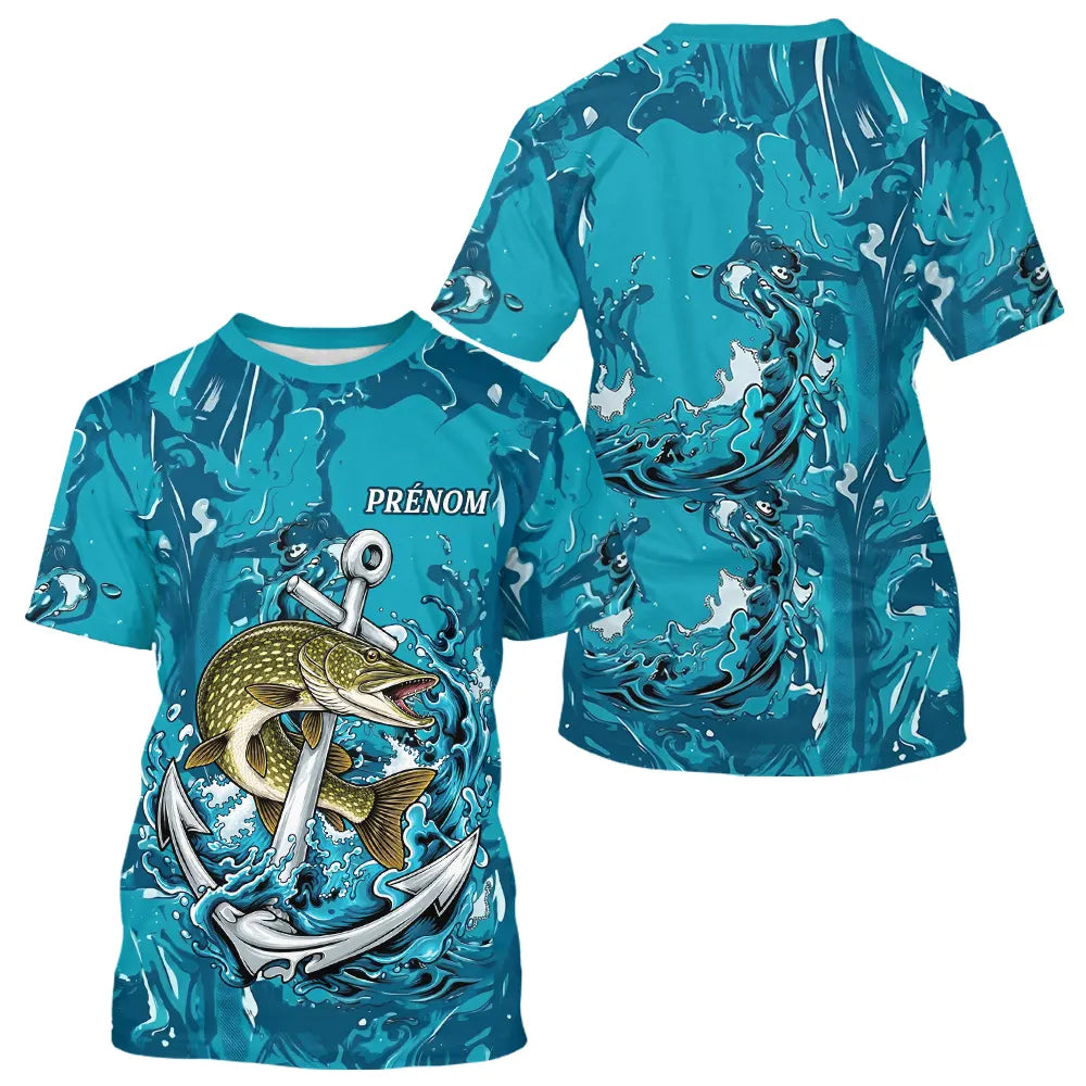 Maillot Respirant Manche Longue Pêche - Brochet Bleu Personnalisé - T-Shirt Homme