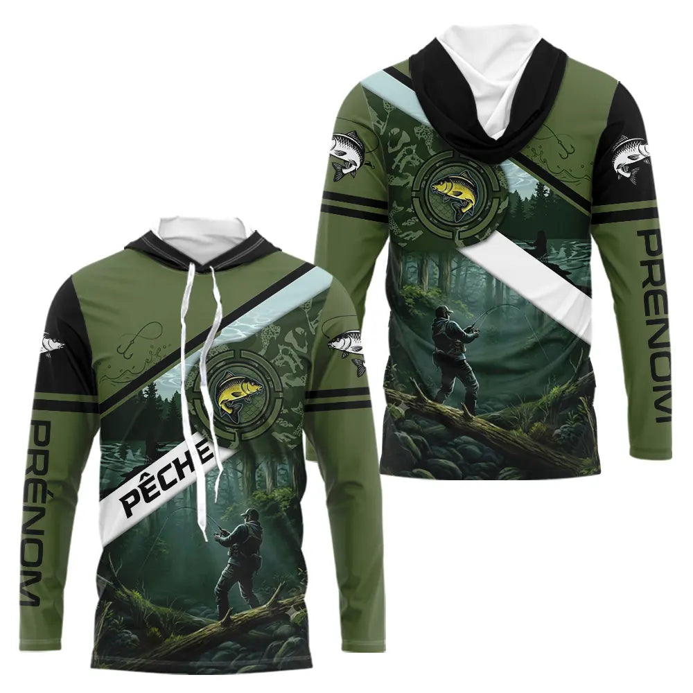 Maillot de Pêche Spécial Carpiste - Vert Kaki Homme Passion - Long Sleeves Hoodie Homme