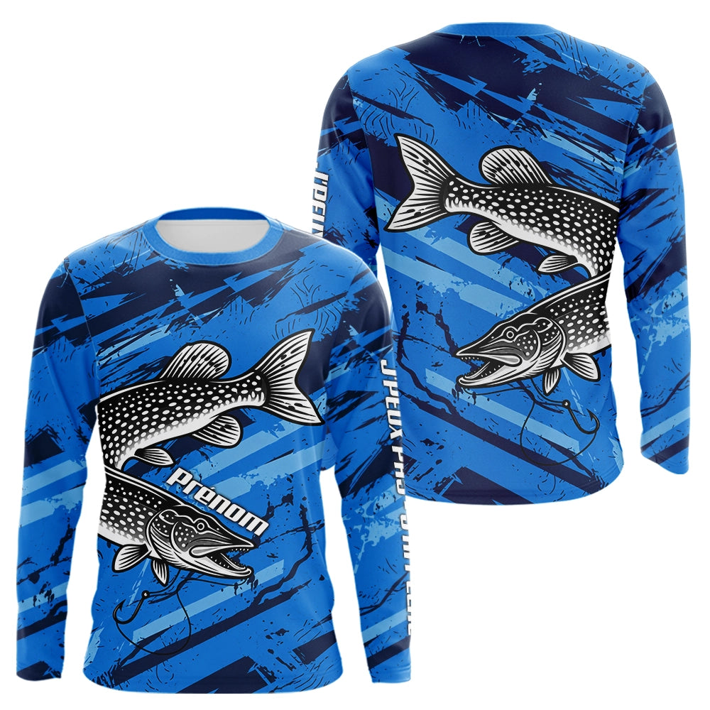 Maillot de Pêcheur Sportif Anti UV - Brochet Bleu Personnalisé - Long Sleeves Homme
