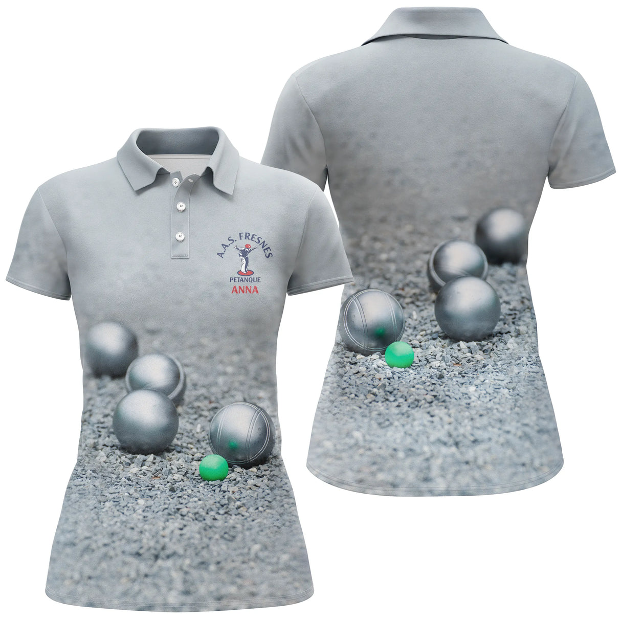 Polo pétanque variante coloris bleu marine, design boules en lancer et logo A.A.S. Fresnes personnalisé