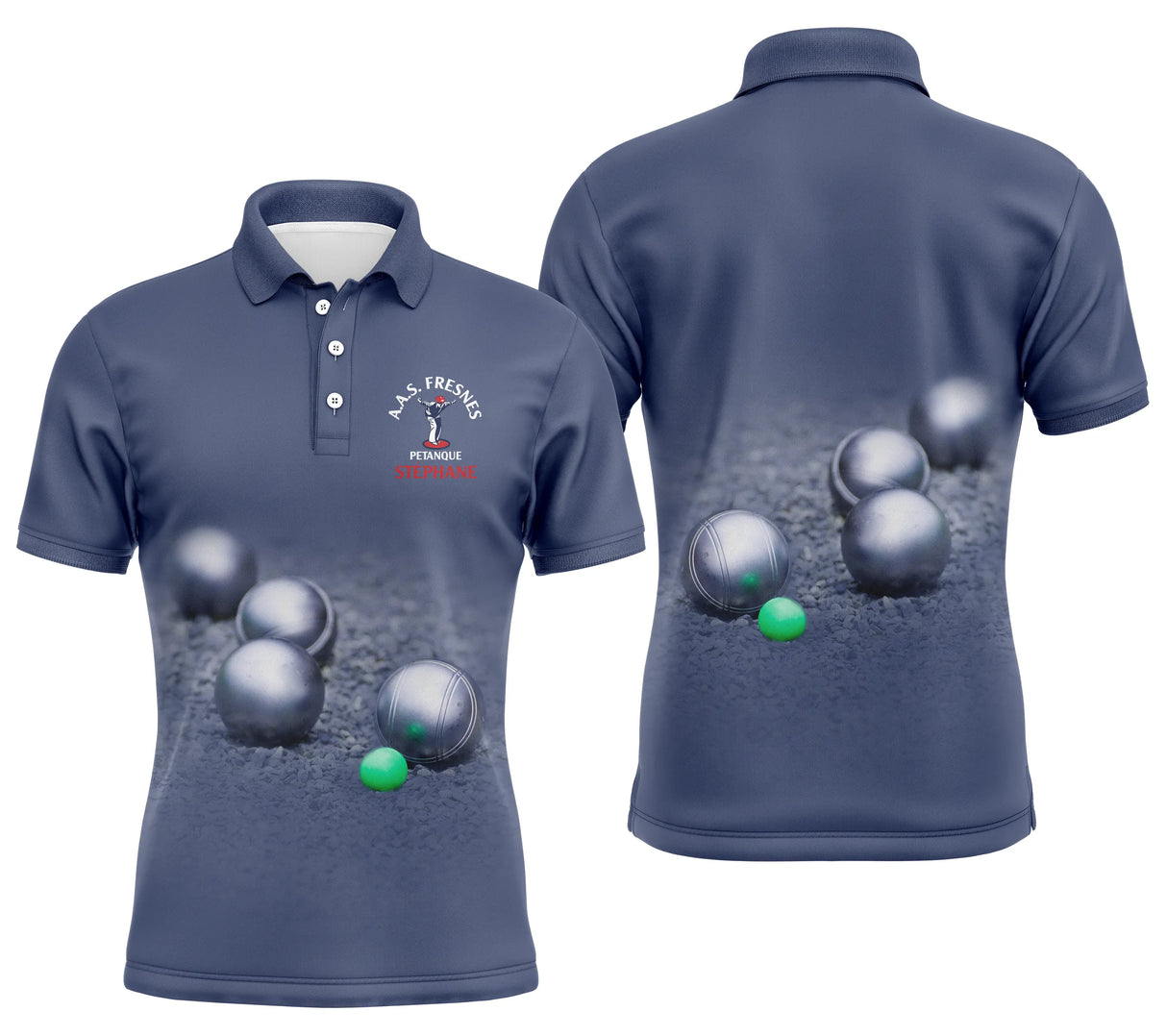 Polo pétanque bleu marine avec boules de pétanque réalistes et cochonnet vert, logo A.A.S. Fresnes et prénom