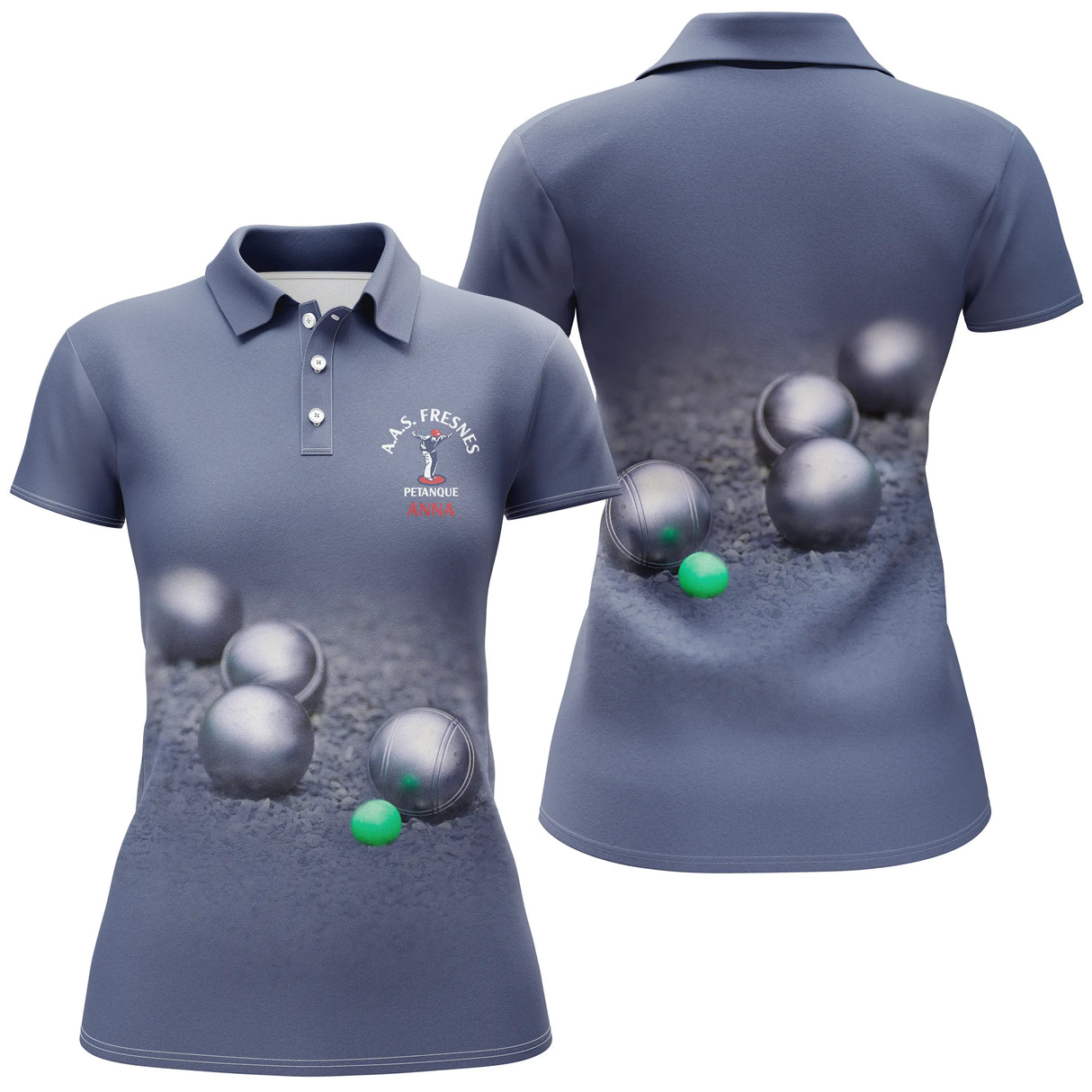 Polo pétanque manches longues bleu marine, boules réalistes et logo A.A.S. Fresnes Pétanque Club