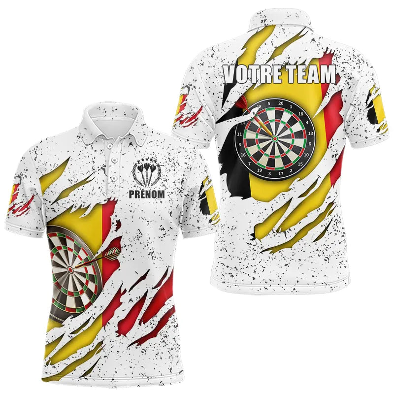 Polo darts Homme blanc avec drapeau Belgique déchiré noir jaune rouge cible fléchettes et prénom