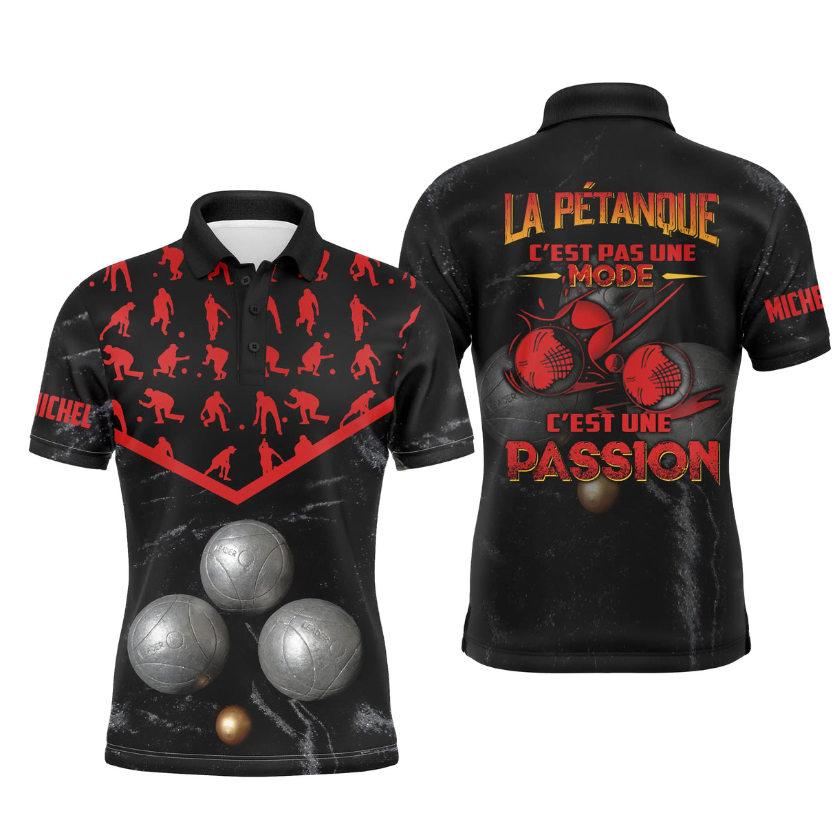 Polo pétanque personnalisé homme noir marbré et rouge avec silhouettes joueurs et slogan « C'est une passion »