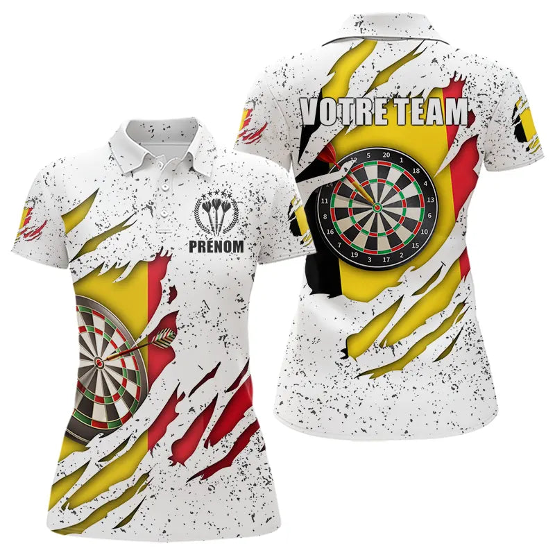 Polo darts Femme blanc design Belgique déchirure tricolore et cible fléchées avec nom équipe