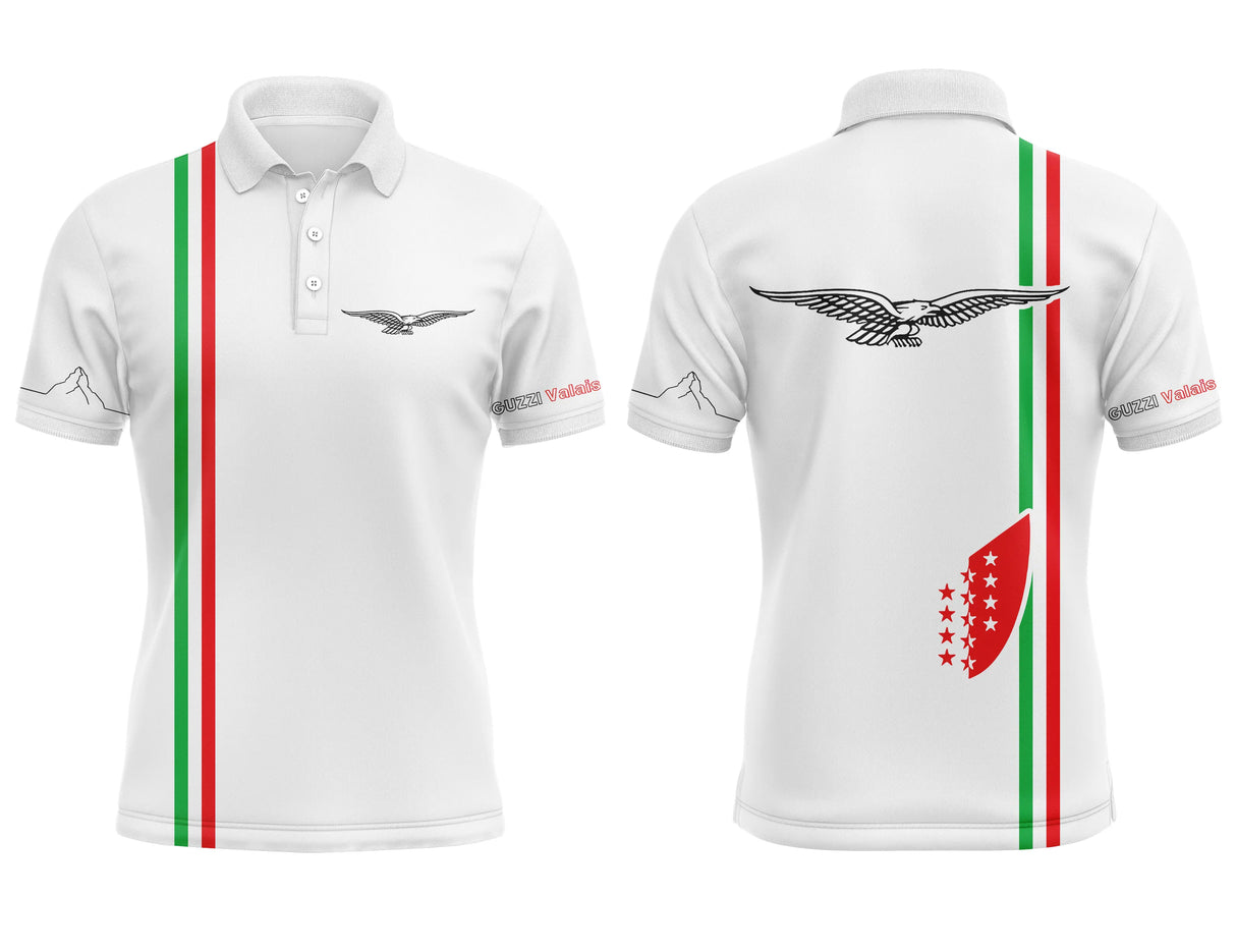 Polo Guzzi Valais blanc homme avec rayures rouge et vert, logo aigle Moto Guzzi et écusson canton du Valais
