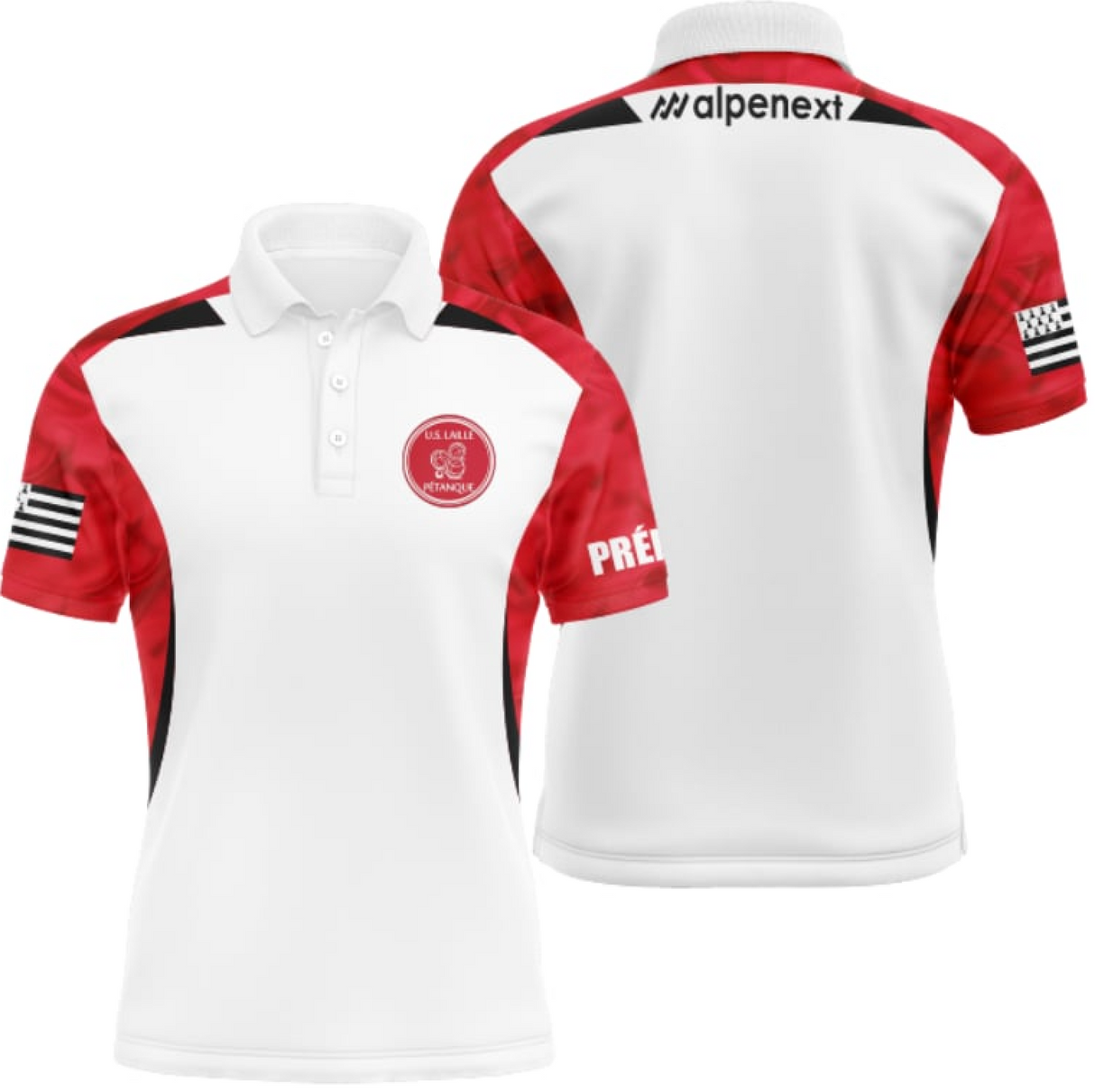 Polo pétanque personnalisé homme blanc et rouge avec empiècements rouges, logos club et sponsors sur la poitrine