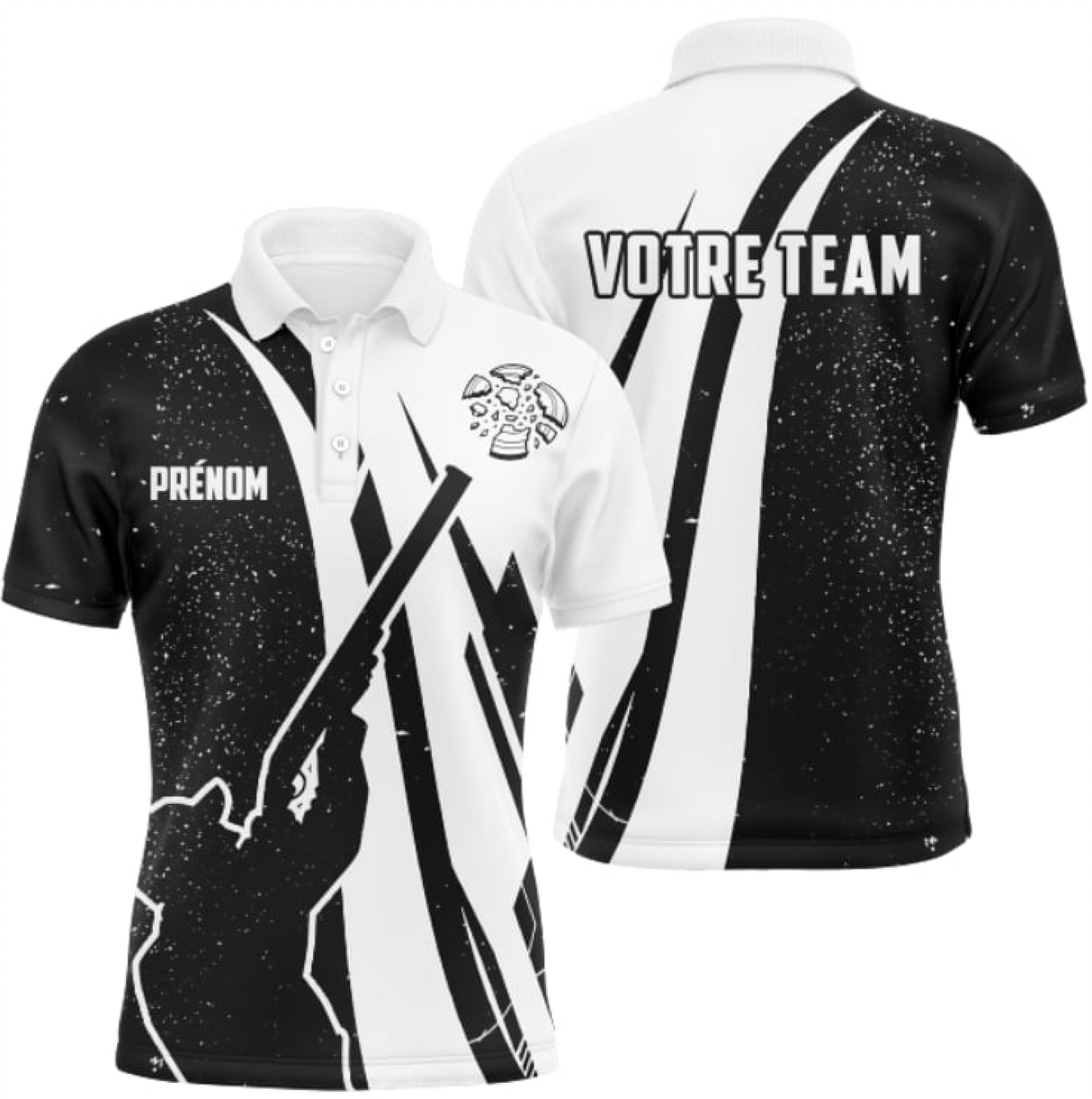 Polo ball-trap personnalisé homme noir et blanc avec silhouette de tireur en épaulé et panneaux contrastés