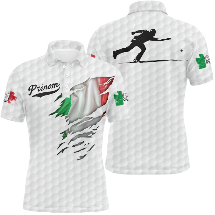 Polo pétanque blanc texture golf drapeau italien déchiré silhouette joueur lancer PRÉNOM personnalisé séchage rapide