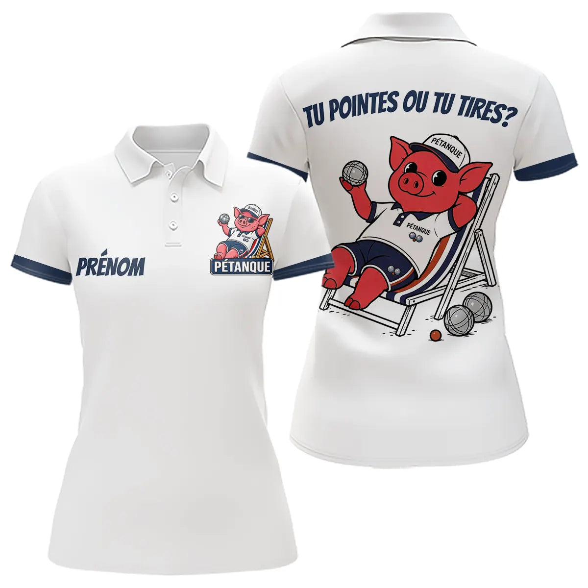 Polo Blanc & Marine Pétanque - Design Cochonnet Drôle - Polo Homme