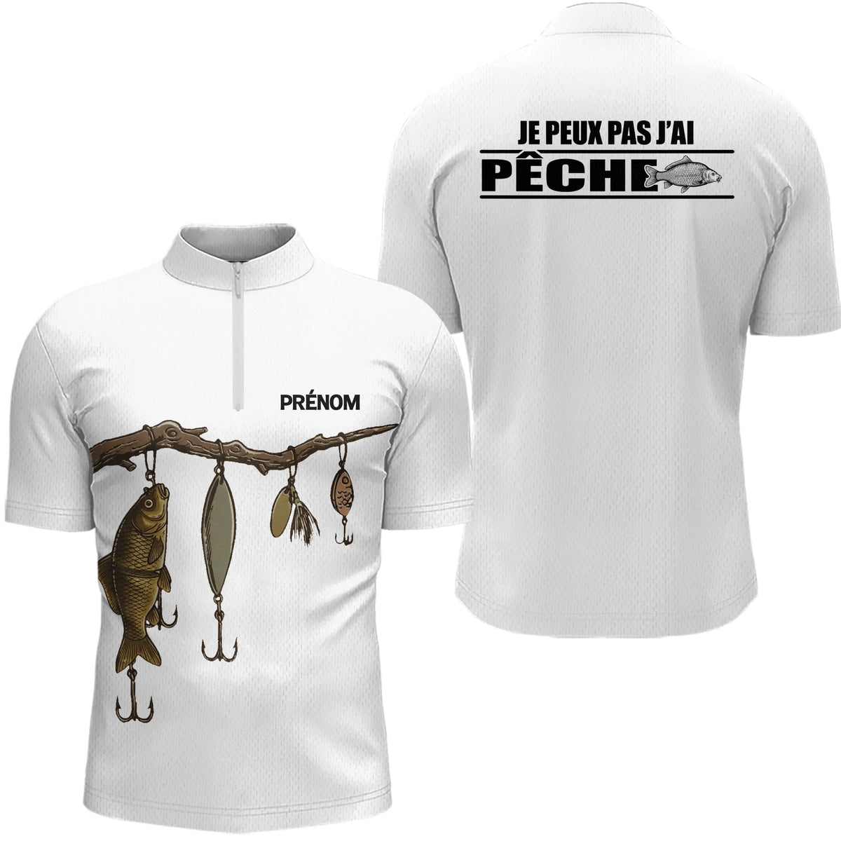 Polo Blanc Pêcheur Personnalisé - Je Peux Pas J'ai Pêche - Polo Zippe Homme