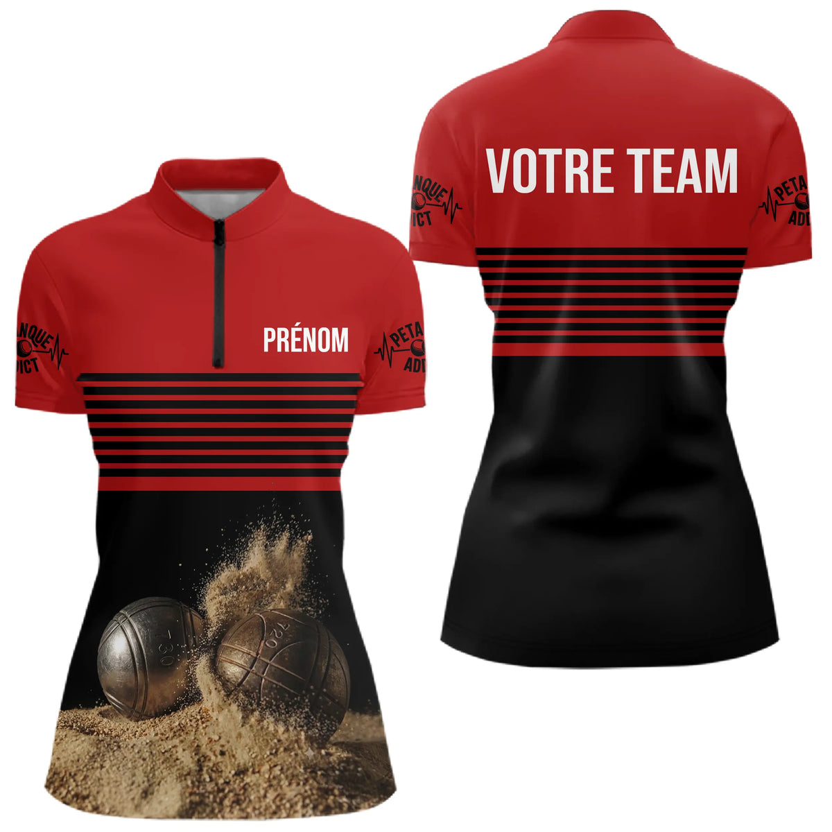 Polo Boules Pétanque Personnalisé - Rouge et Noir Prénom - Polo Zippé Femme