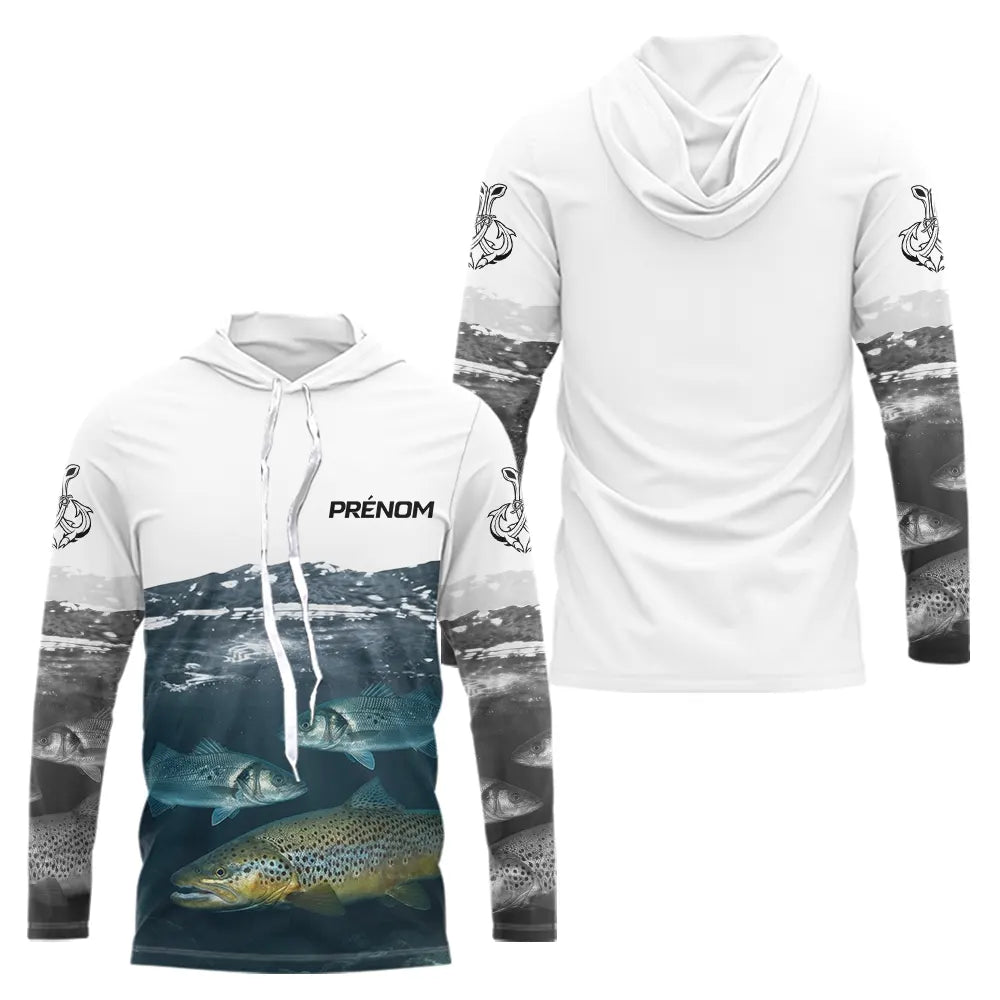 Polo Cadeau Pêche Personnalisé Prénom - Blanc & Bleu Truite - Long Sleeves Hoodie Homme