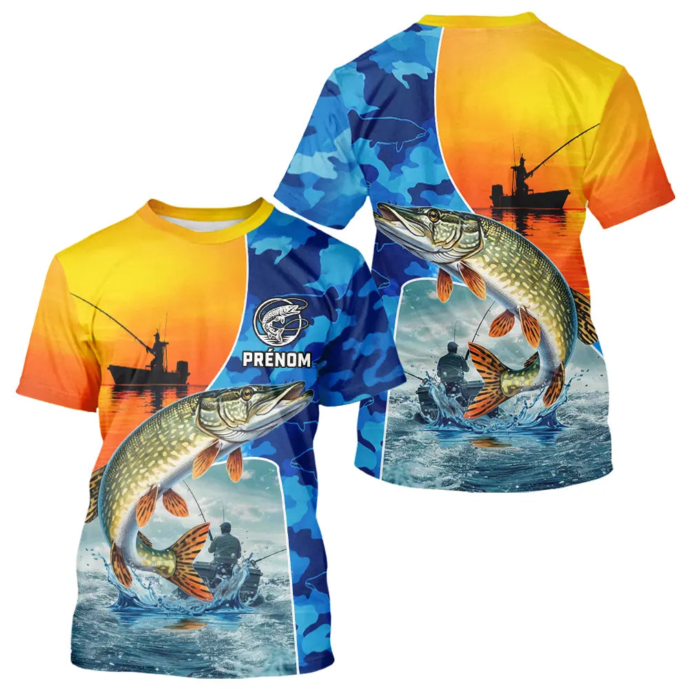 Polo Cadeau Pêcheur Brochet - Orange & Bleu Personnalisable - T-Shirt Homme