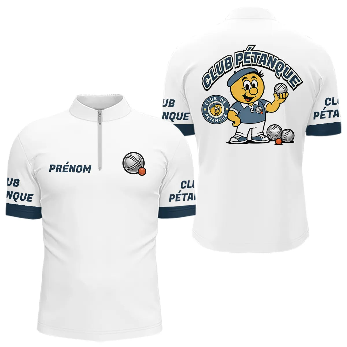 Polo Cadeau Pétanque - Bouliste Blanc & Bleu Personnalisé - Polo Zippé Homme