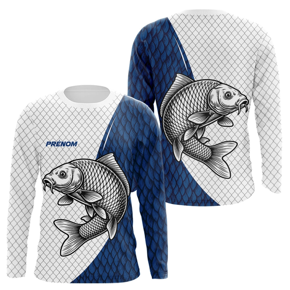 Polo Carpiste Personnalisé - Motif Écailles Bleu Et Blanc - Long Sleeves Homme