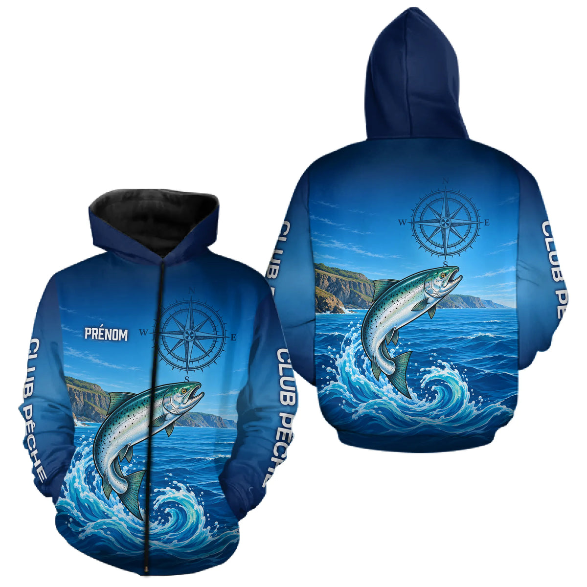 Polo De Pêche Personnalisé Bleu Océan - Motif Saumon- Zippé Hoodie Homme