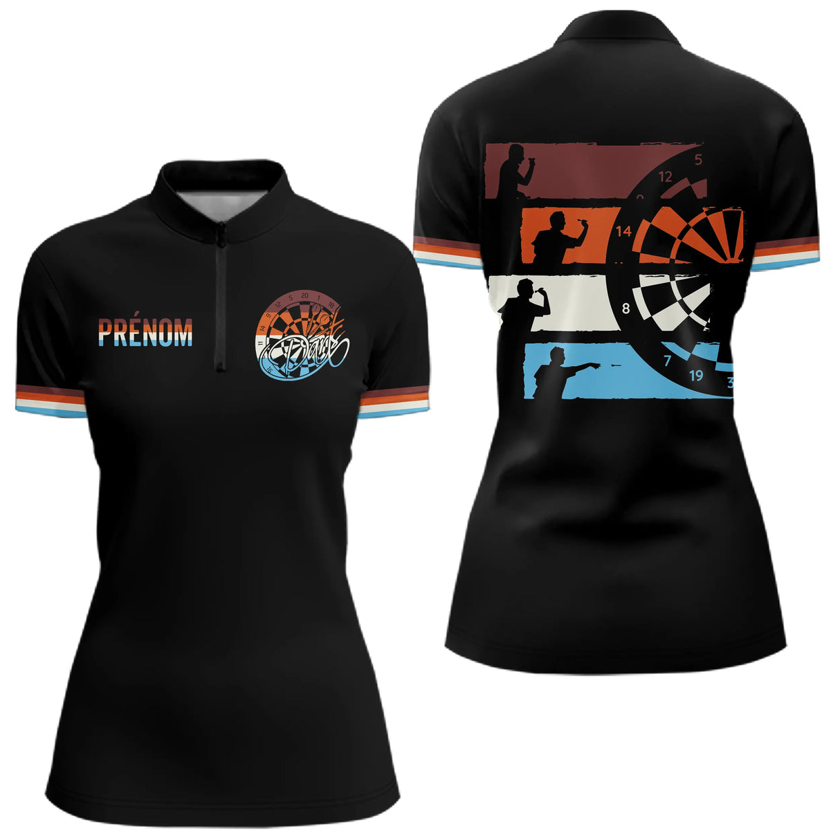 Polo Fléchettes 180 Rétro Noir - Personnalisé avec Prénom - Polo Zippé Femme