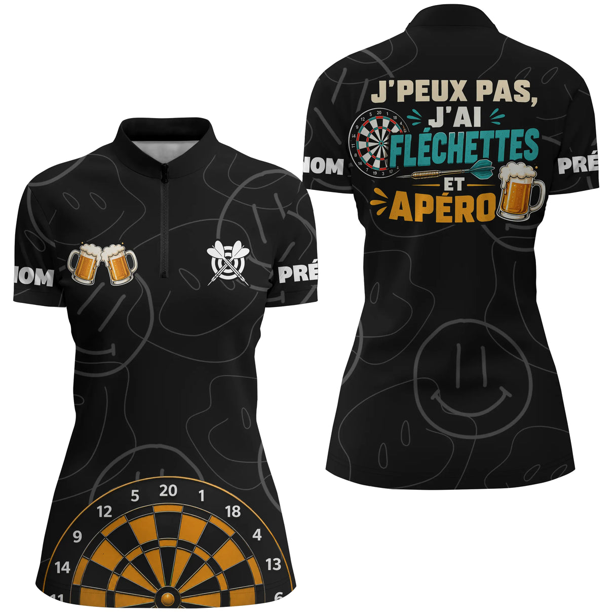 Polo Fléchettes Apéro Personnalisé Noir – Cadeau Original pour Joueurs - Polo Zippé Femme