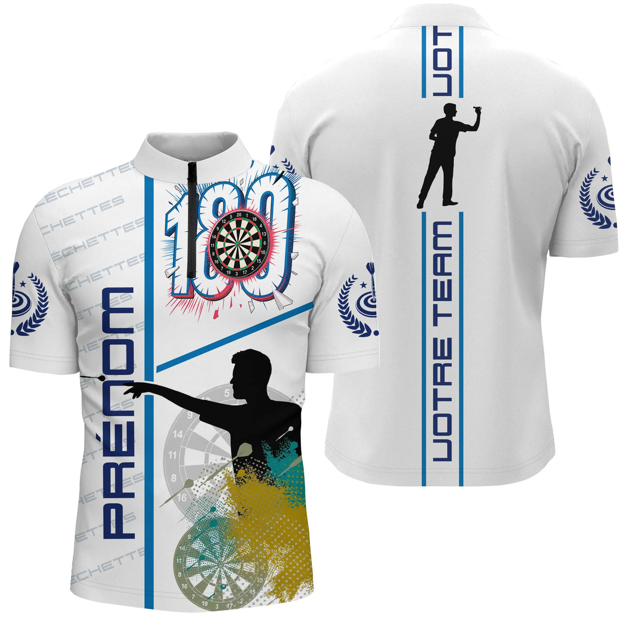 Polo Fléchettes Blanc & Bleu – Score 180 Personnalisé - Polo Zippé Homme