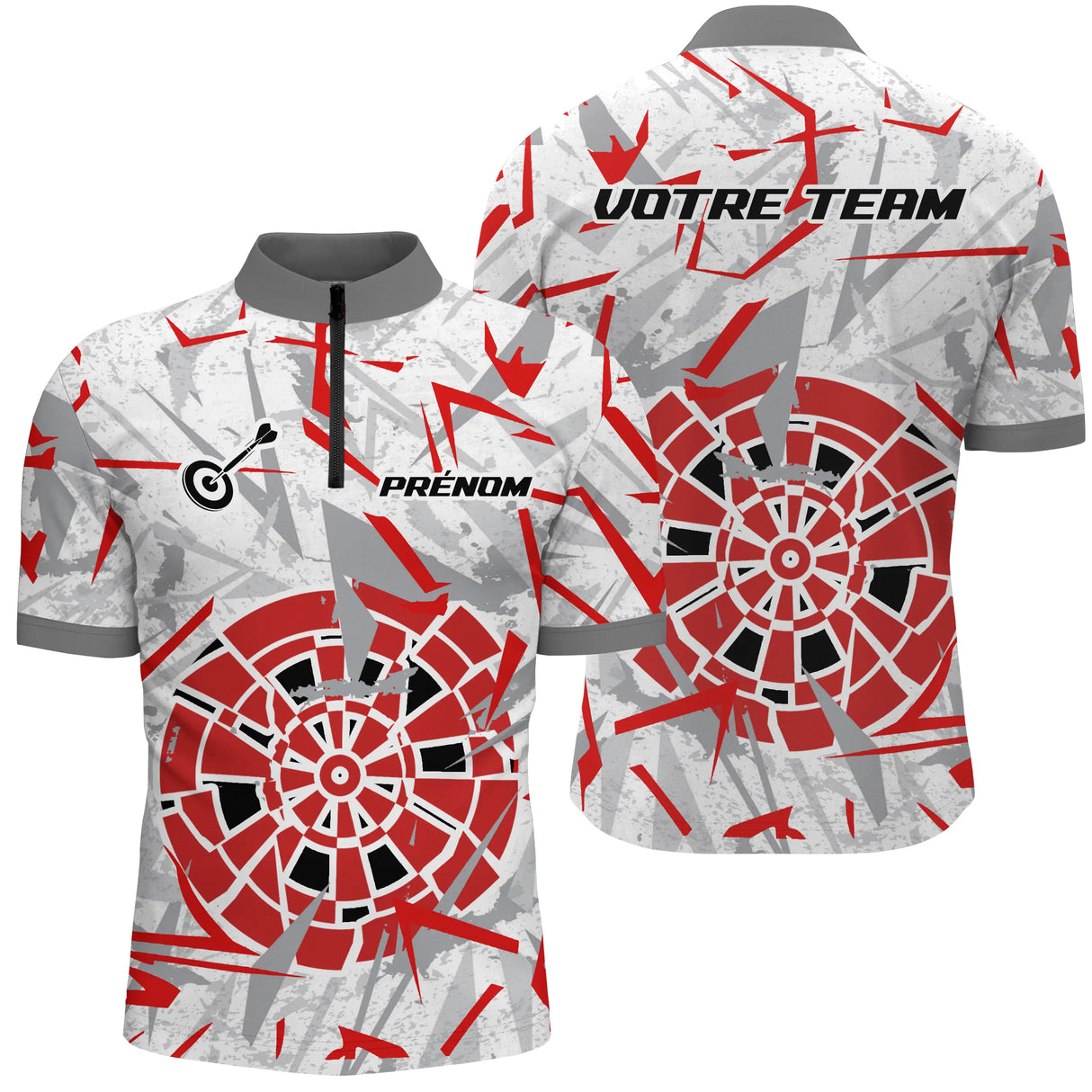 Polo Fléchettes Blanc Gris - Design Impact Rouge - Polo Zippé Homme