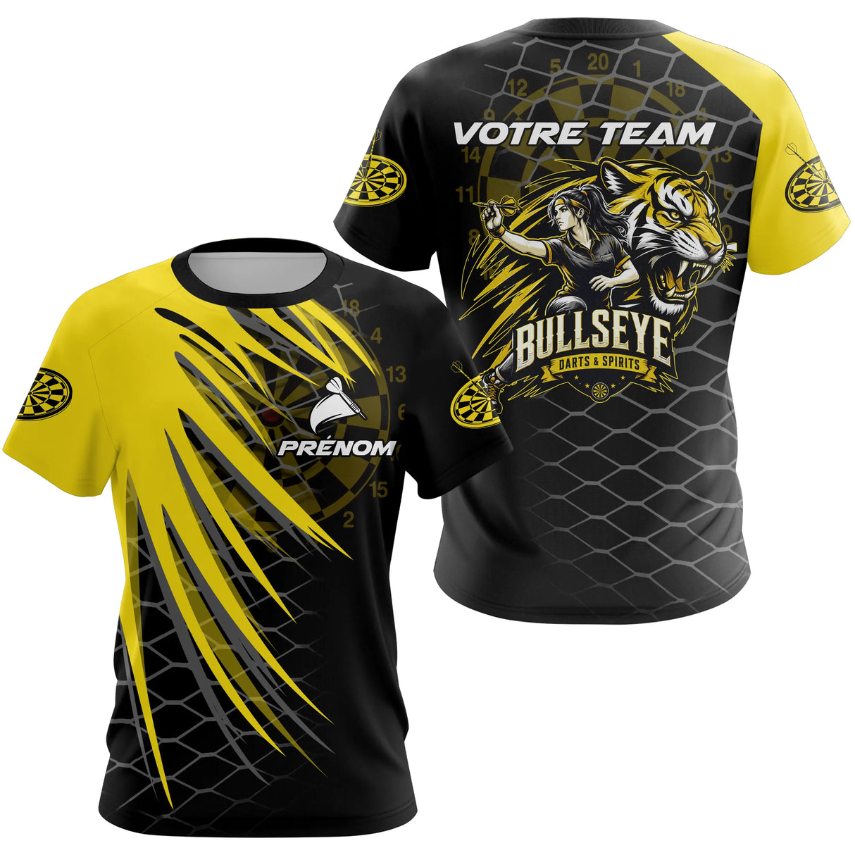 Polo Fléchettes Bullseye Personnalisé - Tigre Noir Jaune - T-Shirt Femme
