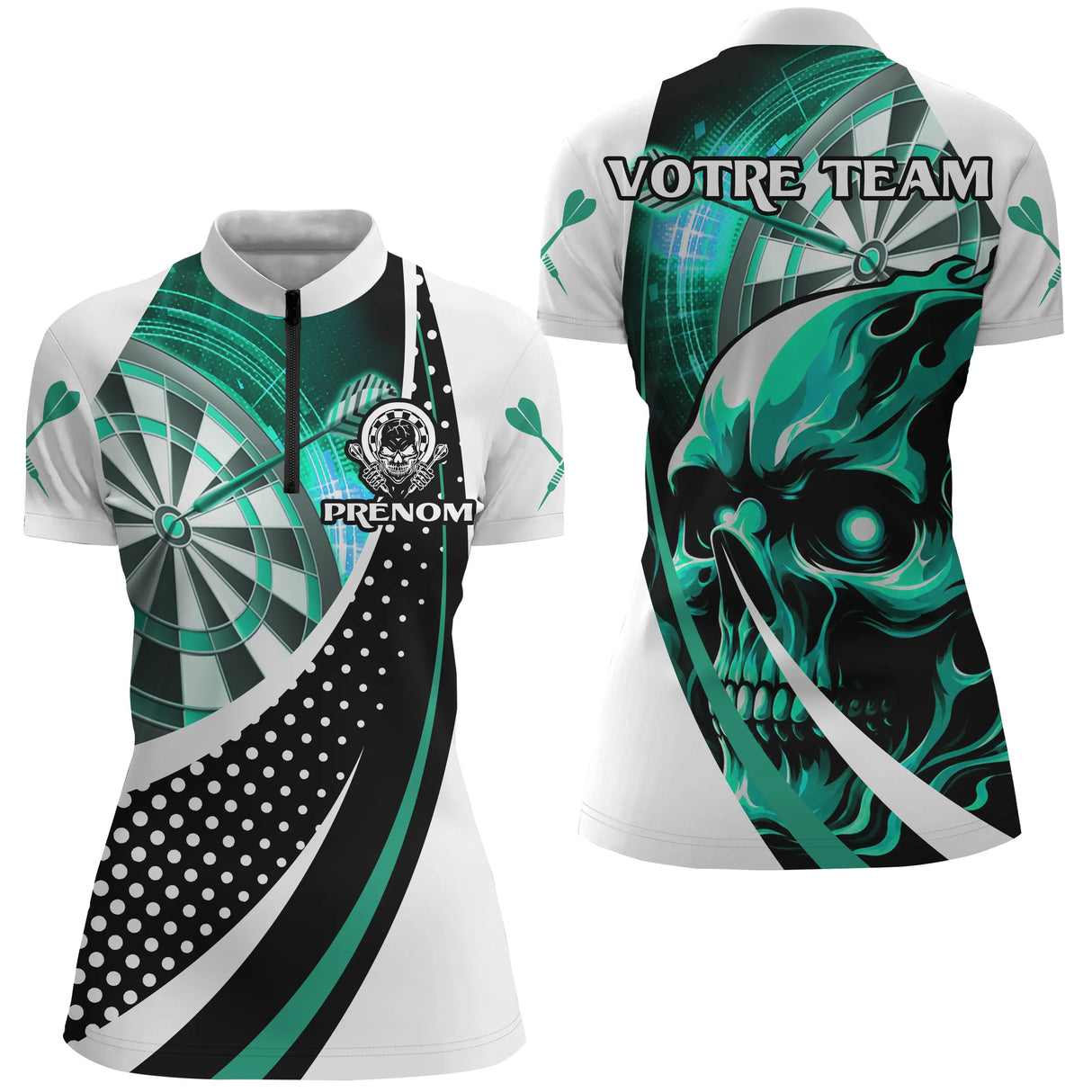Polo Fléchettes Dark Fantasy - Tête de Mort Turquoise - Polo Zippé Femme