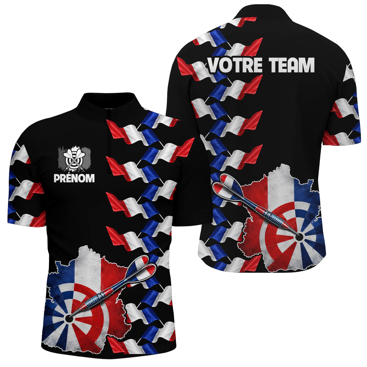Polo Fléchettes France Noir - Design Drapeau Tricolore - Polo Zippé Homme