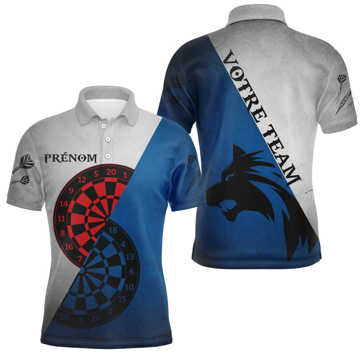 Polo Fléchettes Graphique Loup - Gris Bleu Personnalisé - Polo Homme