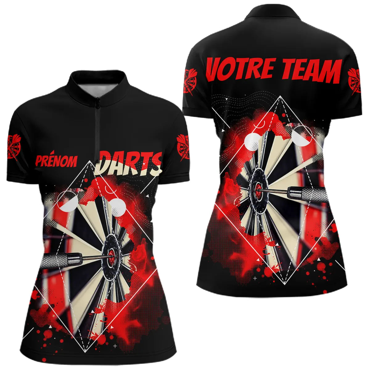 Polo Fléchettes Homme Femme - Design Sportif Noir & Rouge - Polo Zippé Femme