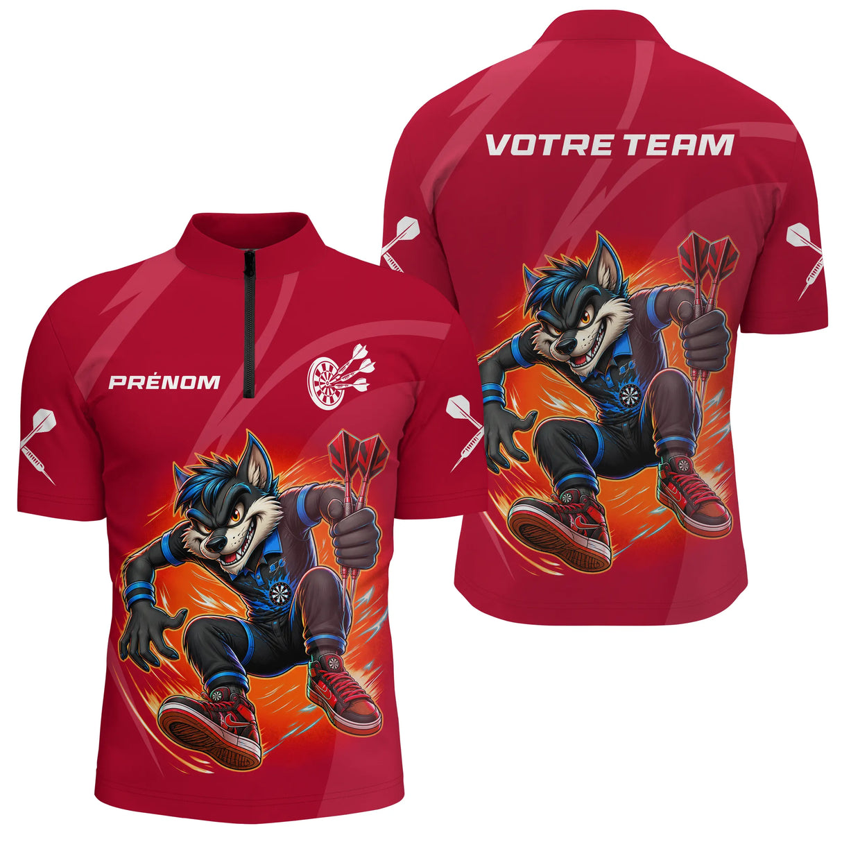 Polo Fléchettes Loup Cartoon - Style Champion Personnalisé - Polo Zippé Homme