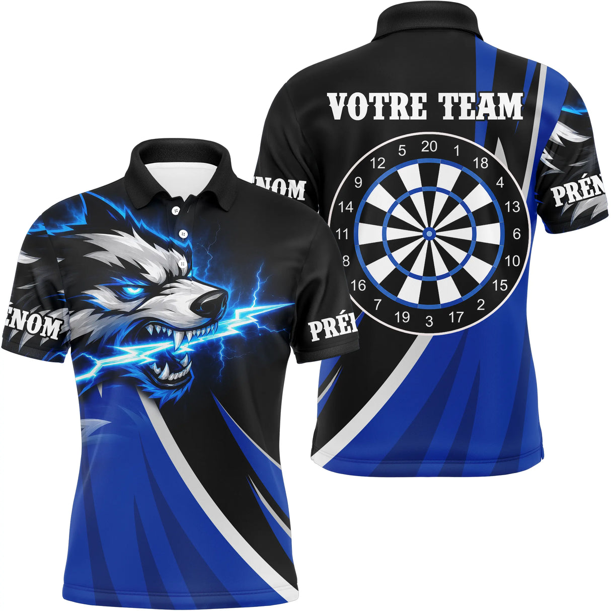 Polo Fléchettes Loup Électrique – Noir & Bleu Personnalisé - Polo Homme