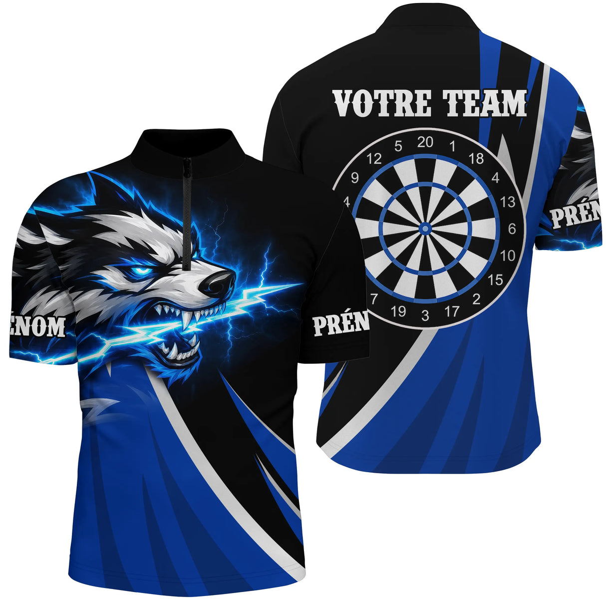 Polo Fléchettes Loup Électrique – Noir & Bleu Personnalisé - Polo Zippé Homme