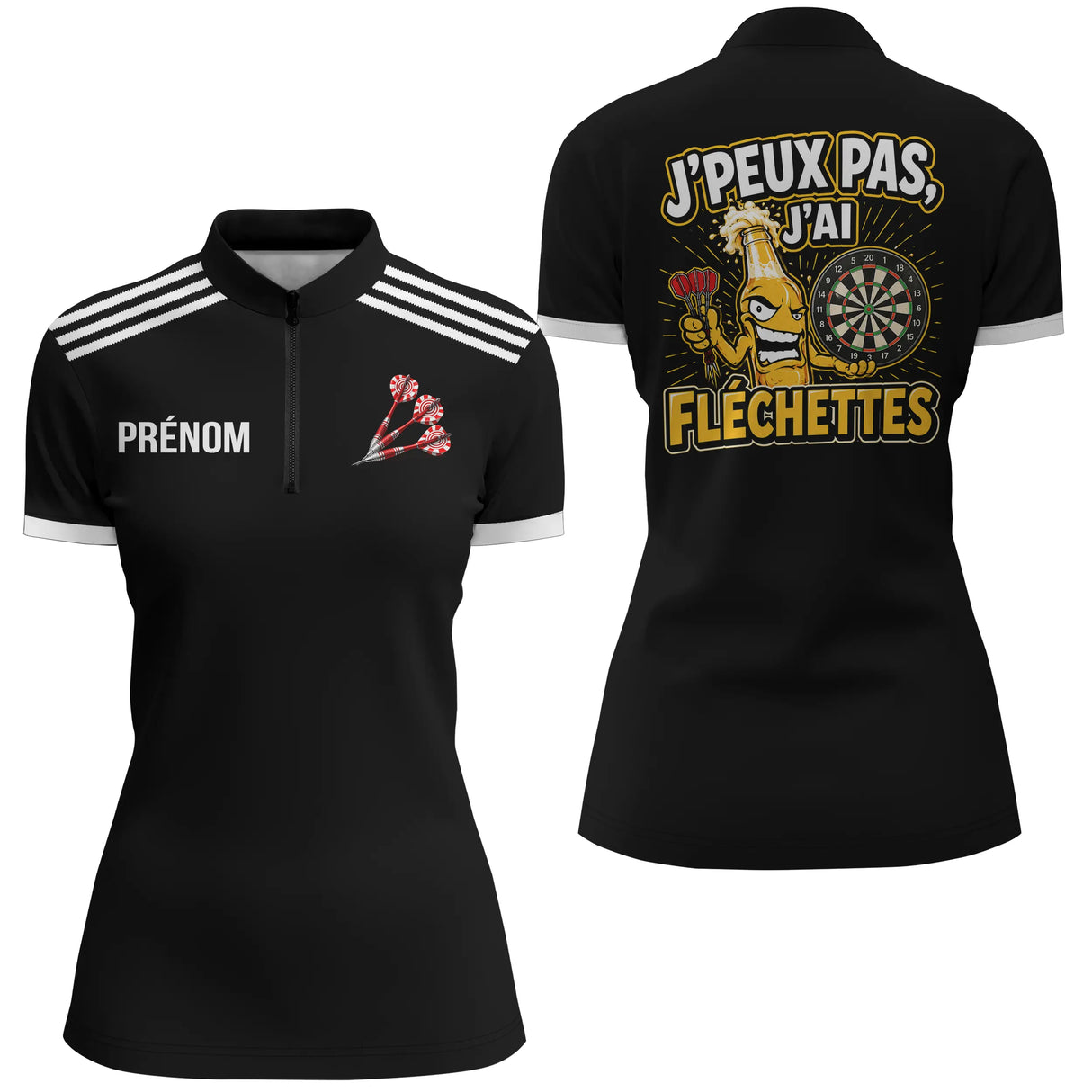 Polo Fléchettes Noir – Bouteille Bière Cartoon - Polo Zippé Femme
