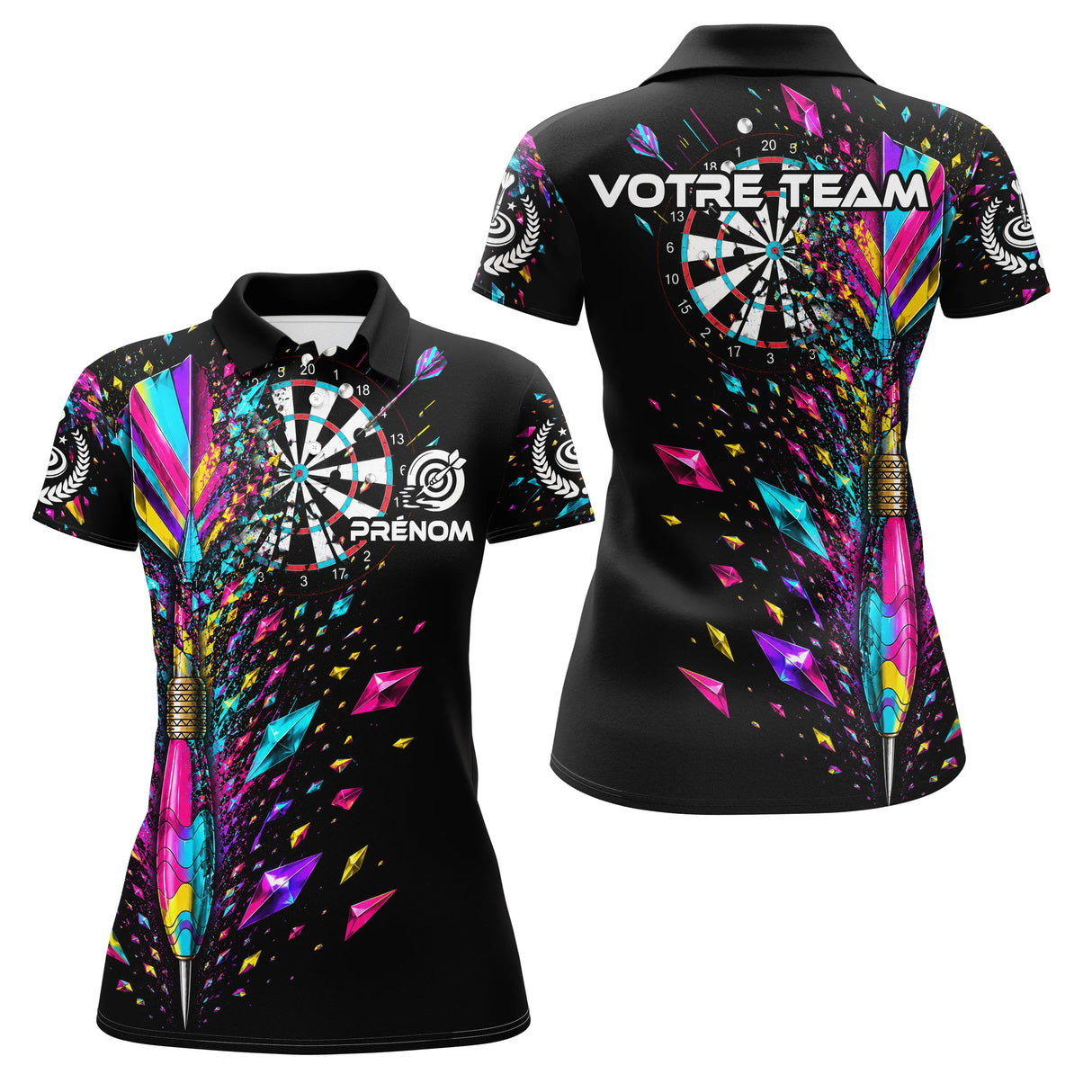 Polo Fléchettes Noir Multicolore - Design Cristaux Éclatants - Polo Femme