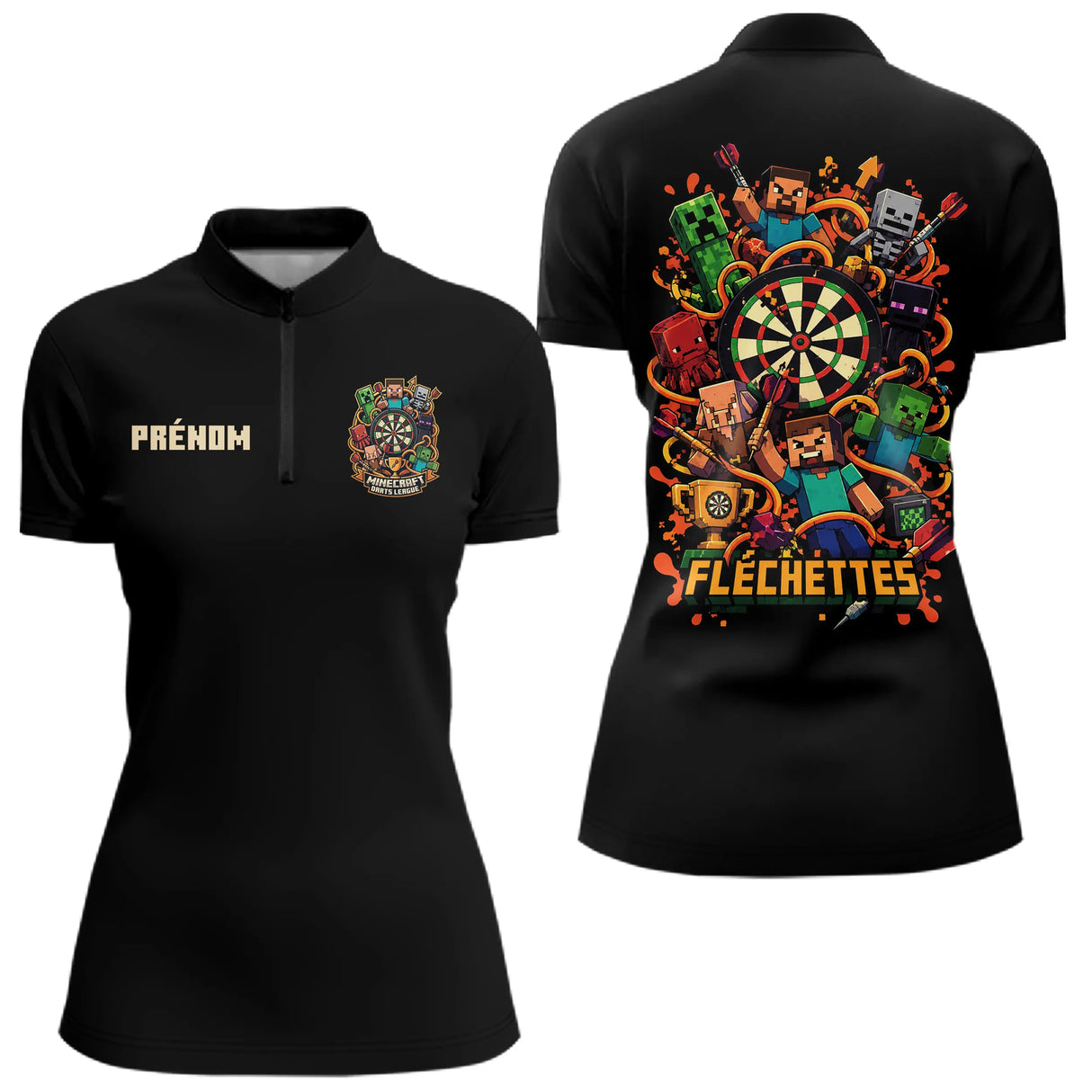 Polo Fléchettes Noir Personnalisé - Style Gamer Minecraft - Polo Zippé Femme