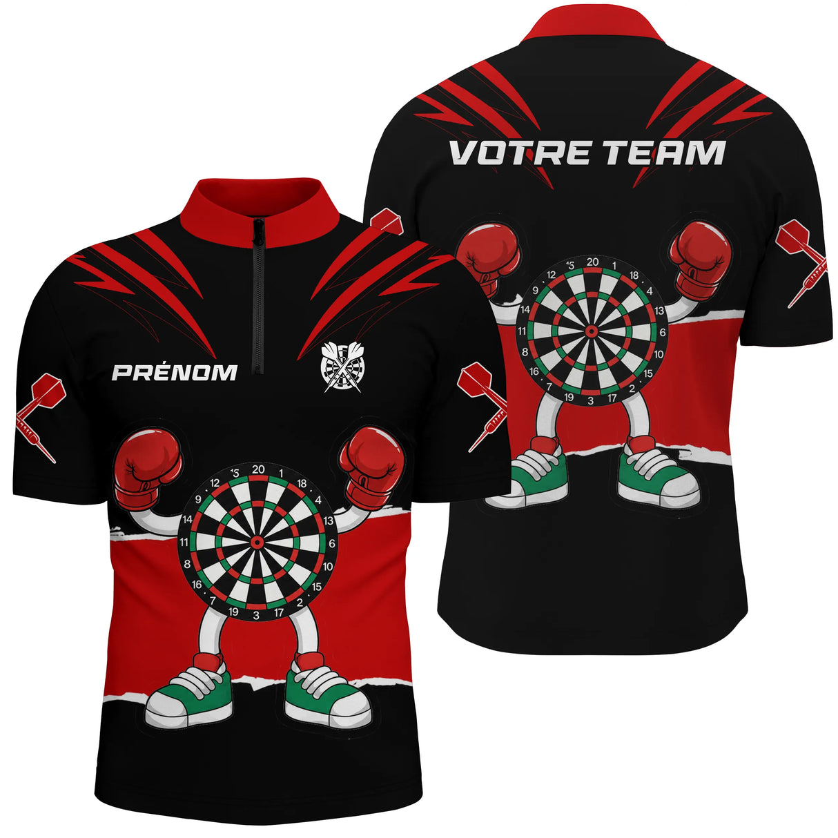 Polo Fléchettes Noir Rouge - Cible Boxeur Cartoon - Polo Zippé Homme