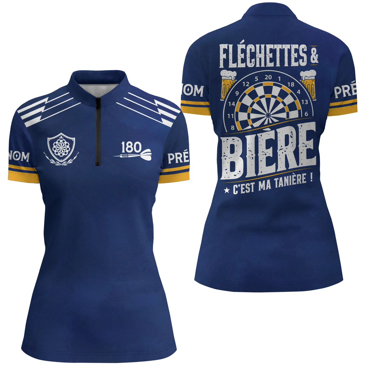 Polo Fléchettes Personnalisé - Bière Bleu Marine - Polo Zippé Femme