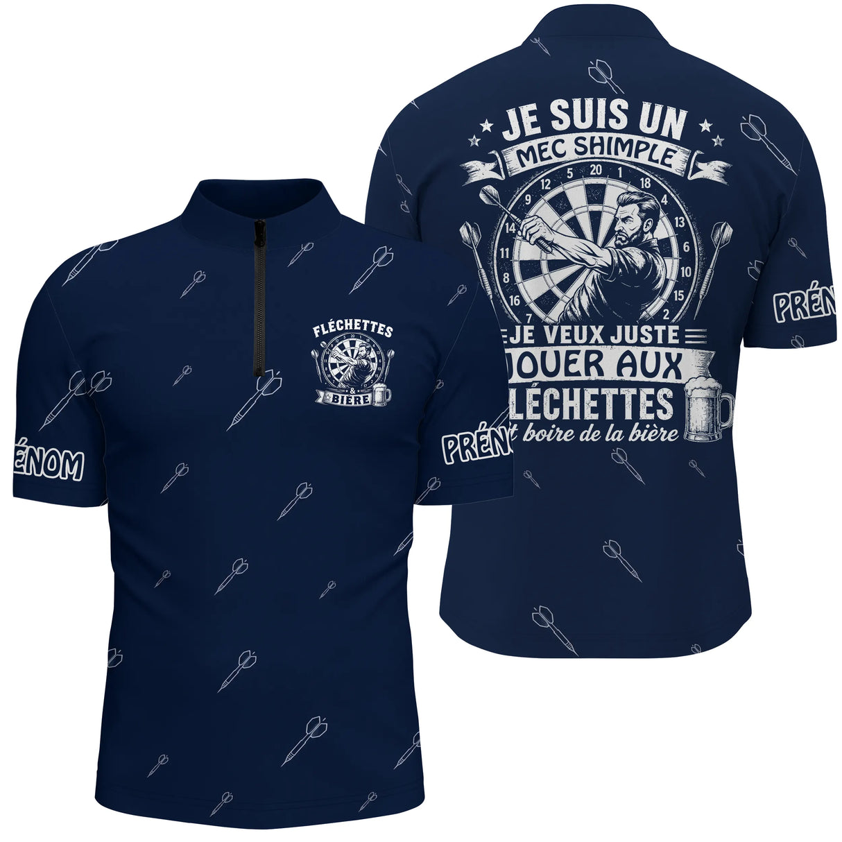 Polo Fléchettes Personnalisé - Bleu Marine Humour - Polo Zippé Homme
