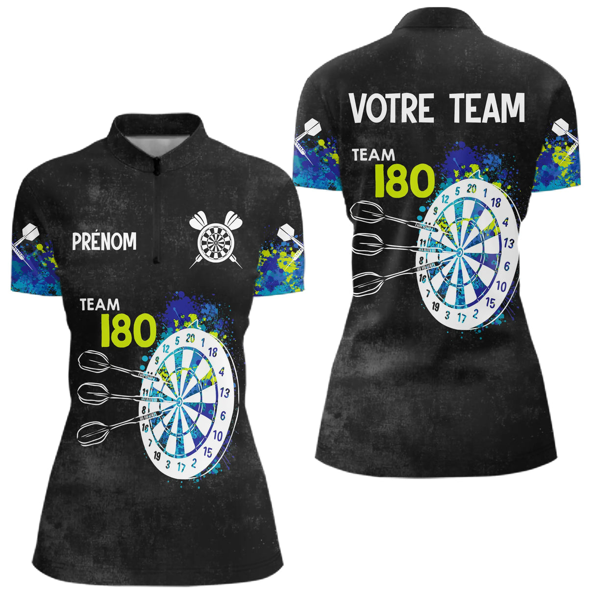 Polo Fléchettes Personnalisé - Bleu & Neon Team 180 - Polo Zippé Femme
