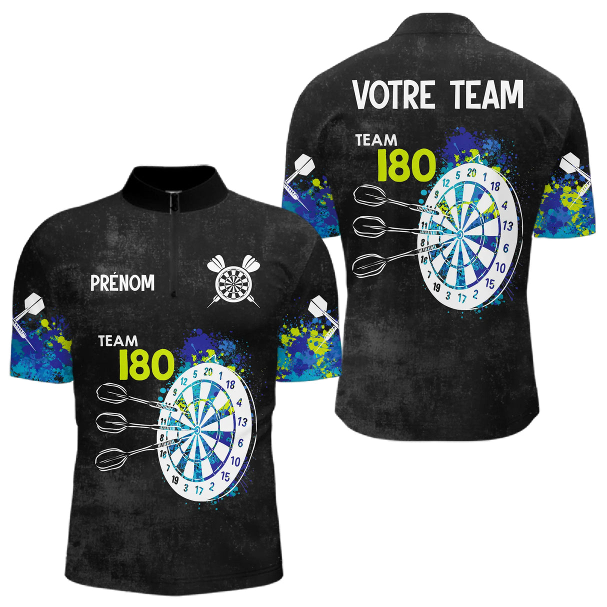 Polo Fléchettes Personnalisé - Bleu & Neon Team 180 - Polo Zippé Homme