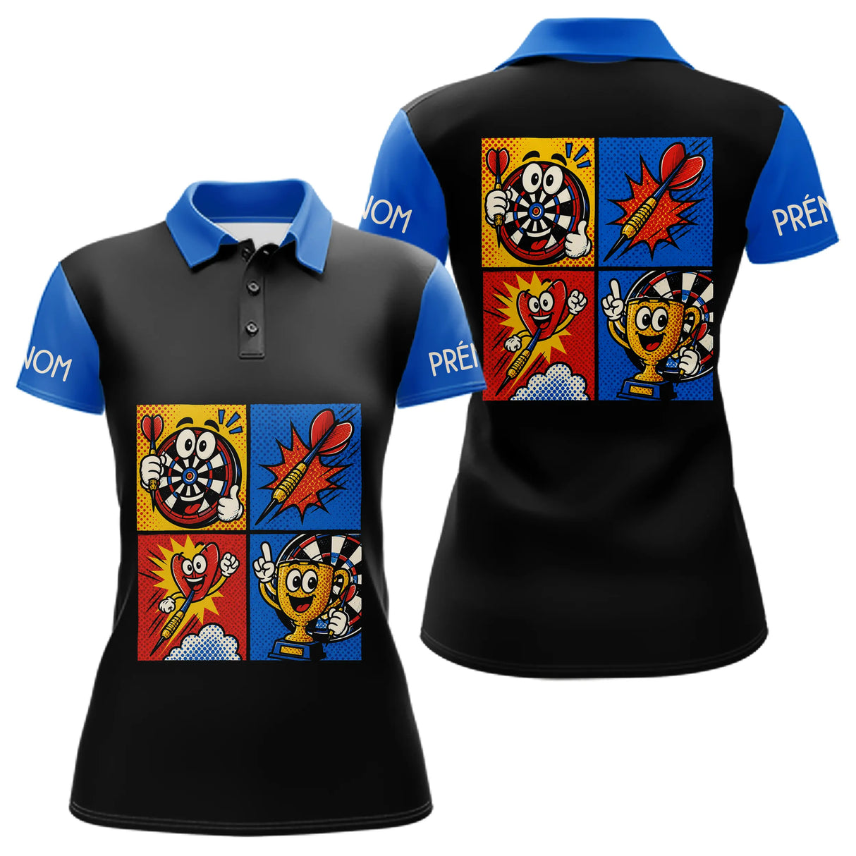 Polo Fléchettes Personnalisé - Bleu & Noir Comic Style - Polo Femme